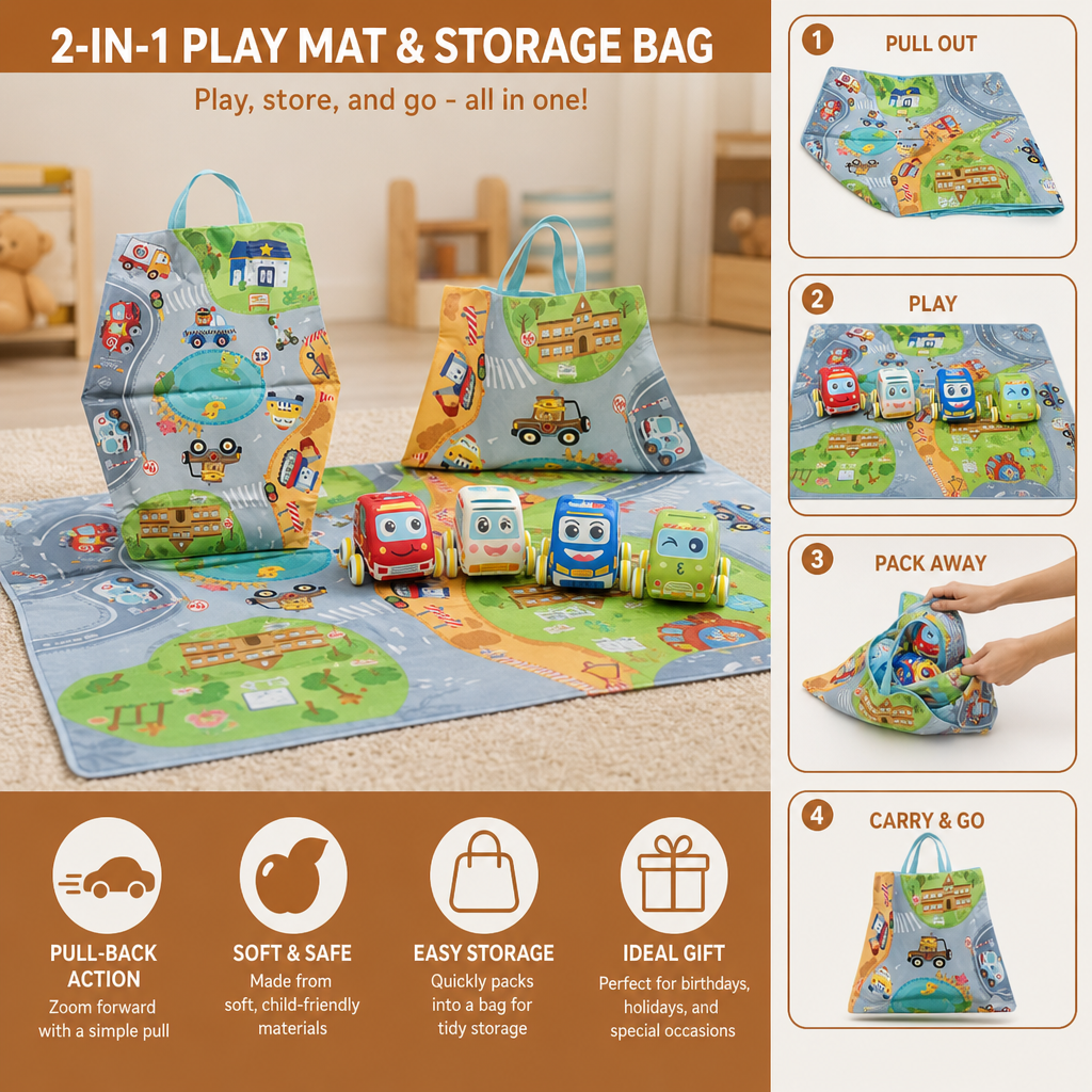 Soft Plush Pull-Back Car Set with 2-in-1 Play Mat & Storage Bag