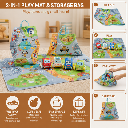 Soft Plush Pull-Back Car Set with 2-in-1 Play Mat & Storage Bag