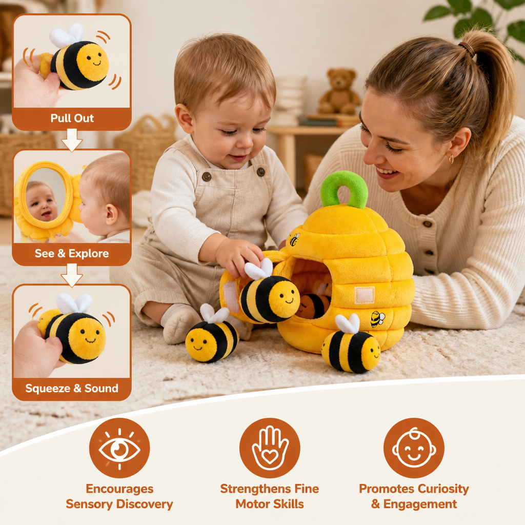 Baby Beehive Sensory Toy with Bee Rattles Squeaker and Mirror