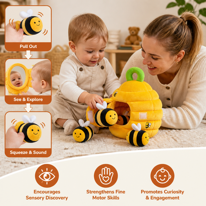 Baby Beehive Sensory Toy with Bee Rattles Squeaker and Mirror