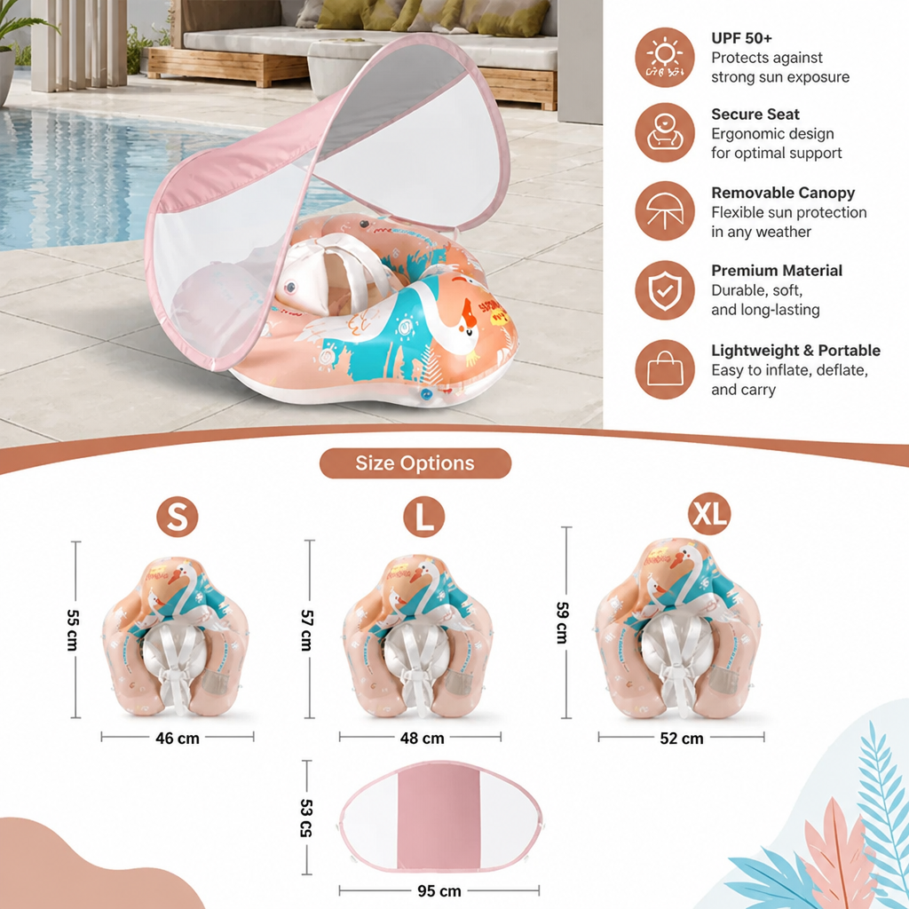 Swan Baby Swim Ring with Sun Canopy – Inflatable Safety Float Seat for Babies