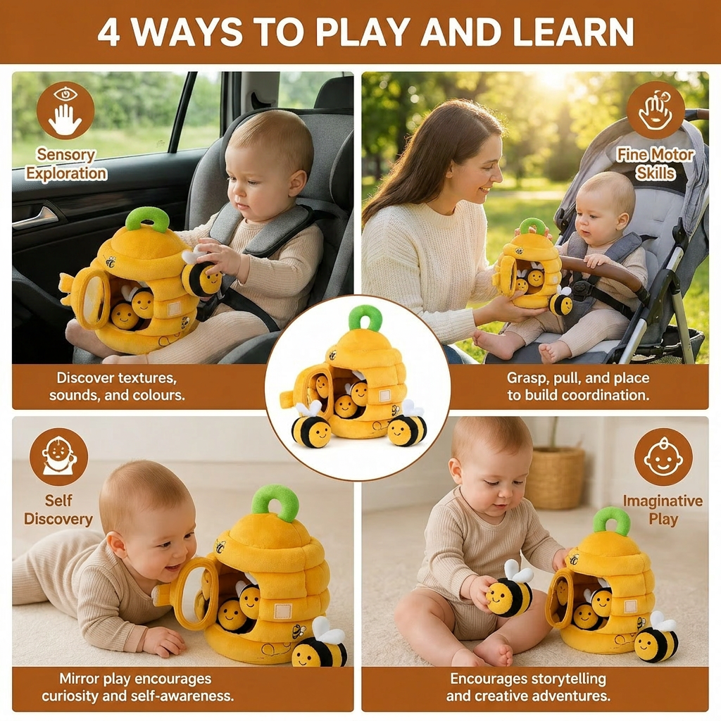 Baby Beehive Sensory Toy with Bee Rattles Squeaker and Mirror