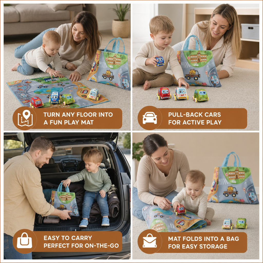 Soft Plush Pull-Back Car Set with 2-in-1 Play Mat & Storage Bag
