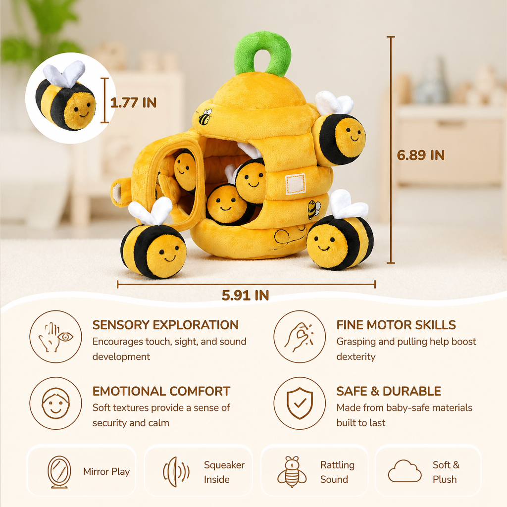 Baby Beehive Sensory Toy with Bee Rattles Squeaker and Mirror