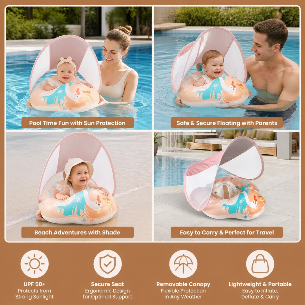 Swan Baby Swim Ring with Sun Canopy – Inflatable Safety Float Seat for Babies