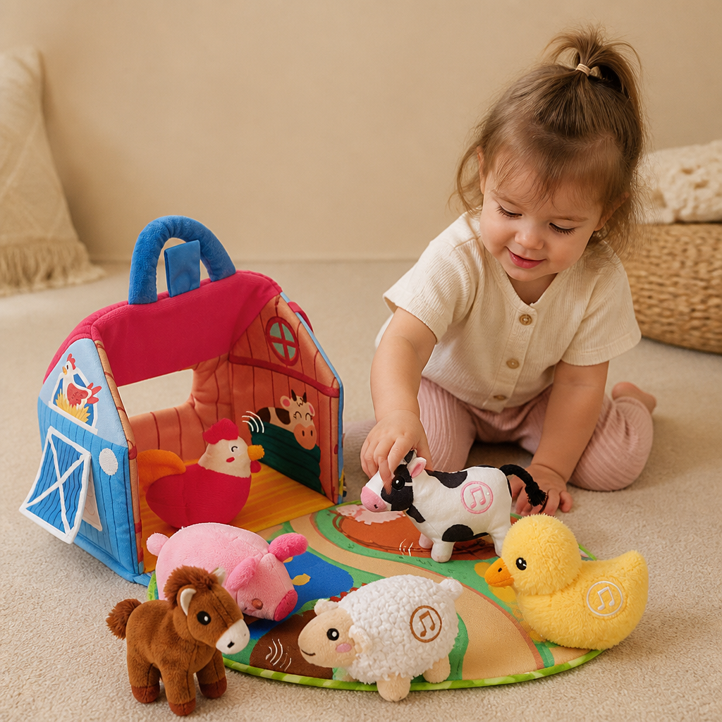 Farm Animal Plush Playset – Interactive Learning Toy with Portable Playhouse