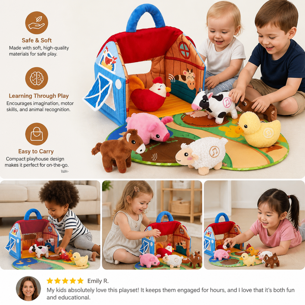 Farm Animal Plush Playset – Interactive Learning Toy with Portable Playhouse