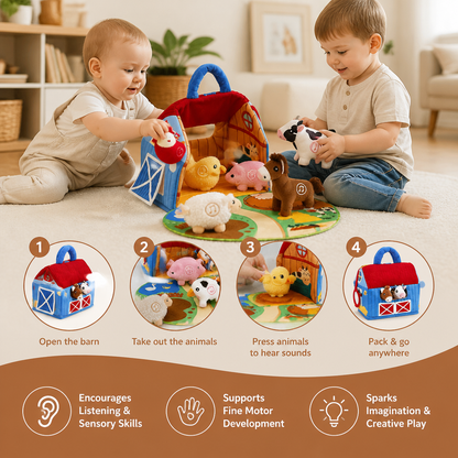 Farm Animal Plush Playset – Interactive Learning Toy with Portable Playhouse