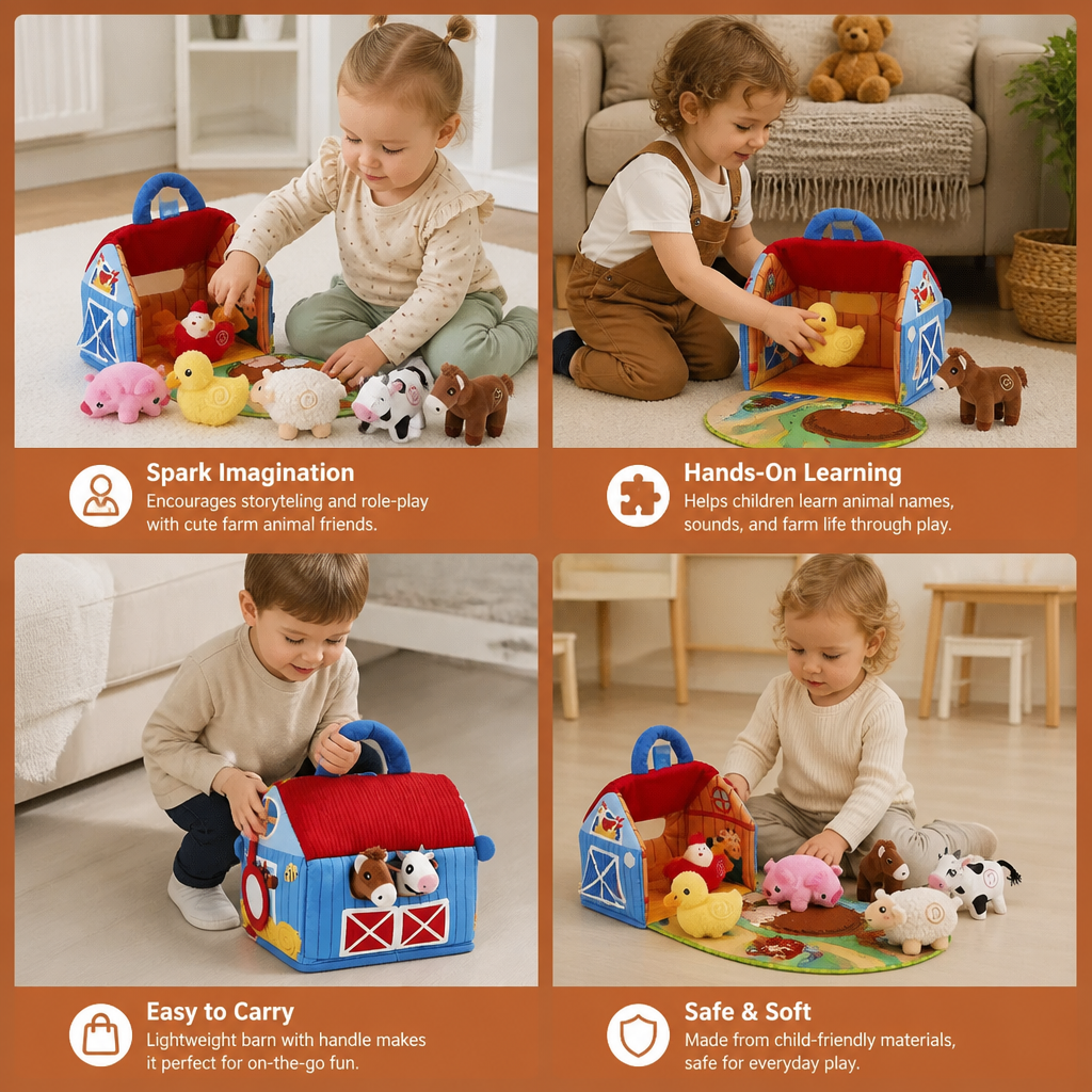 Farm Animal Plush Playset – Interactive Learning Toy with Portable Playhouse