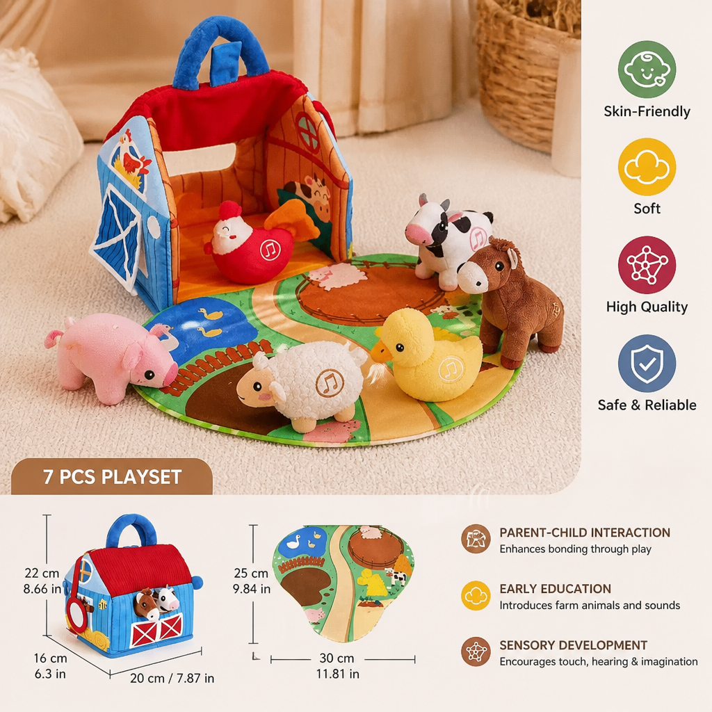 Farm Animal Plush Playset – Interactive Learning Toy with Portable Playhouse