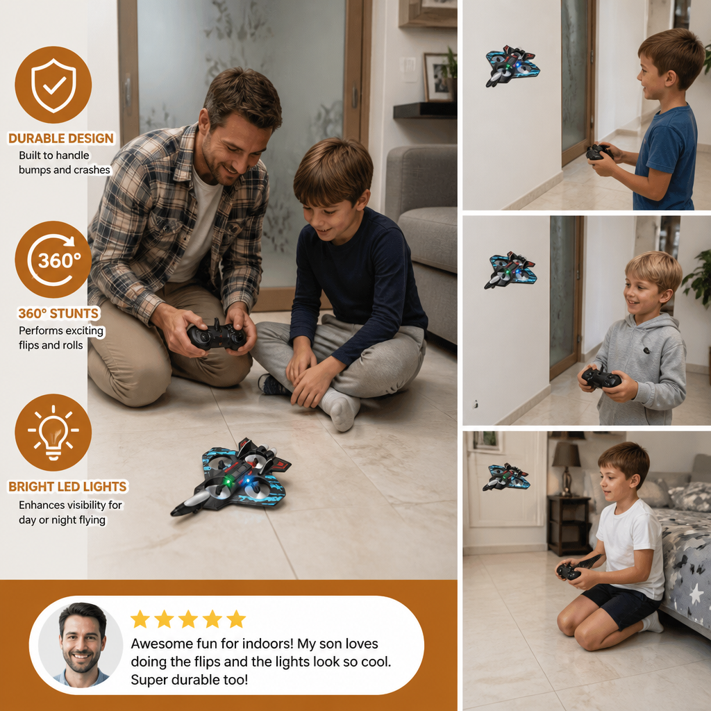 Durable Foam RC Fighter Jet Drone for Indoor & Outdoor Flying – 360° Flips & LED Lights