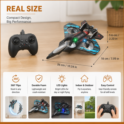 Durable Foam RC Fighter Jet Drone for Indoor & Outdoor Flying – 360° Flips & LED Lights