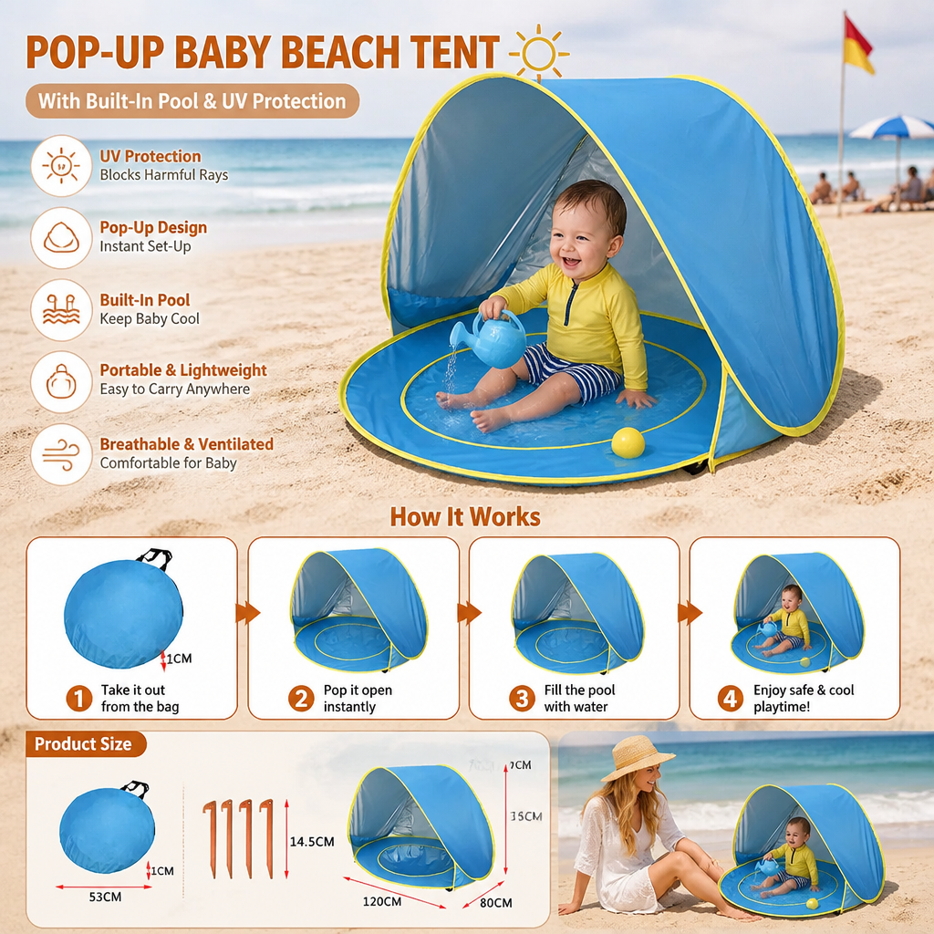 Pop-Up Baby Beach Tent with Built-In Pool & UV Protection – Portable Sun Shade for Kids