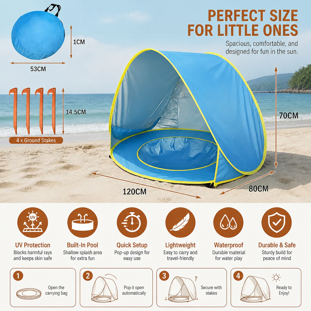 Pop-Up Baby Beach Tent with Built-In Pool & UV Protection – Portable Sun Shade for Kids