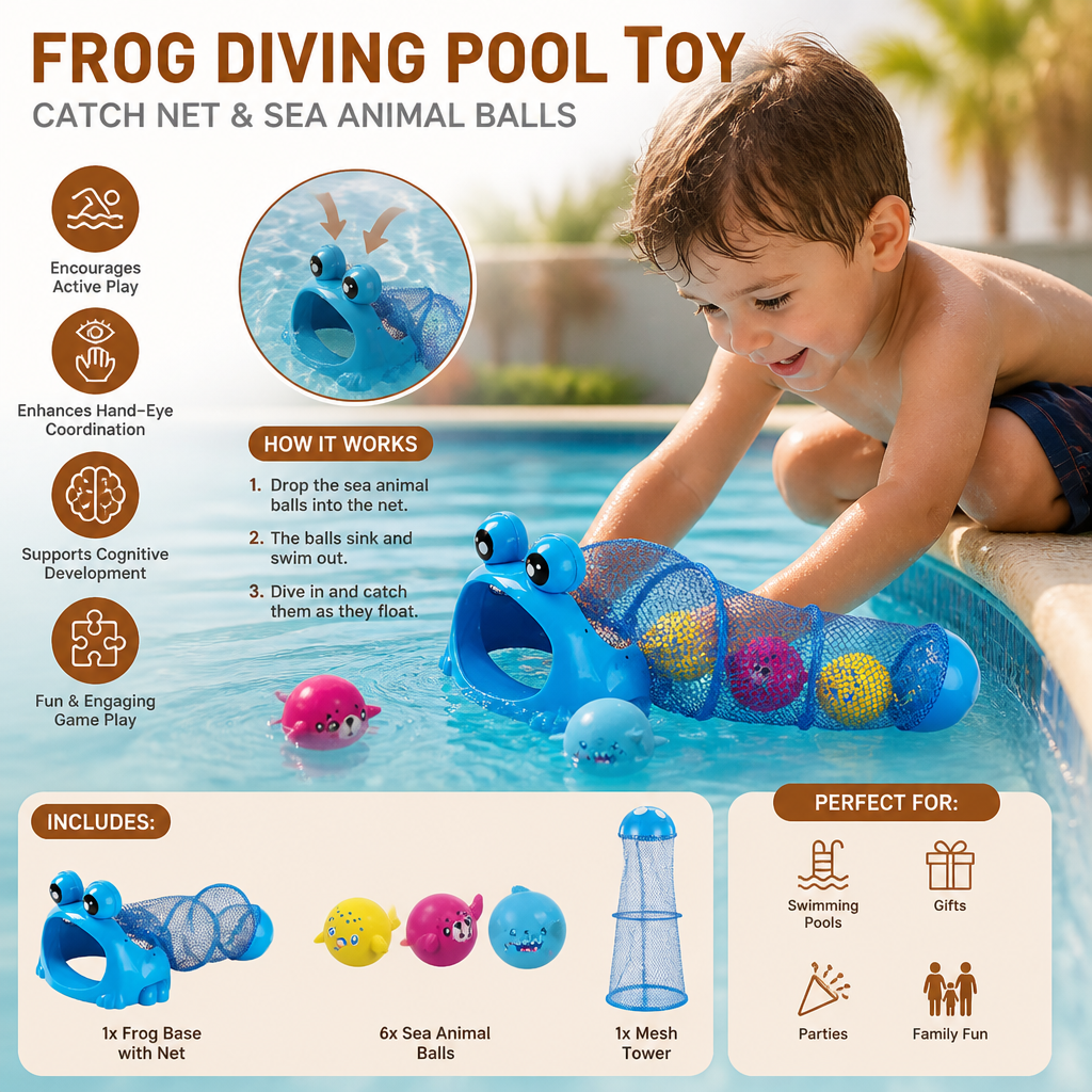 Frog Diving Pool Toy with Catch Net and Sea Animal Balls