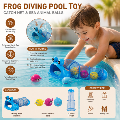 Frog Diving Pool Toy with Catch Net and Sea Animal Balls