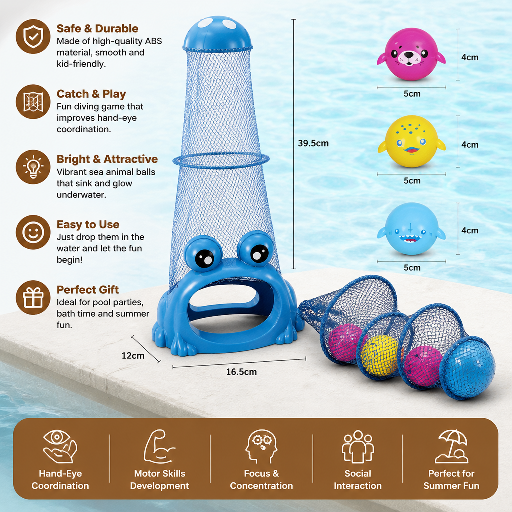 Frog Diving Pool Toy with Catch Net and Sea Animal Balls