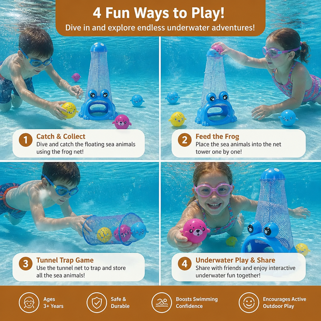 Frog Diving Pool Toy with Catch Net and Sea Animal Balls