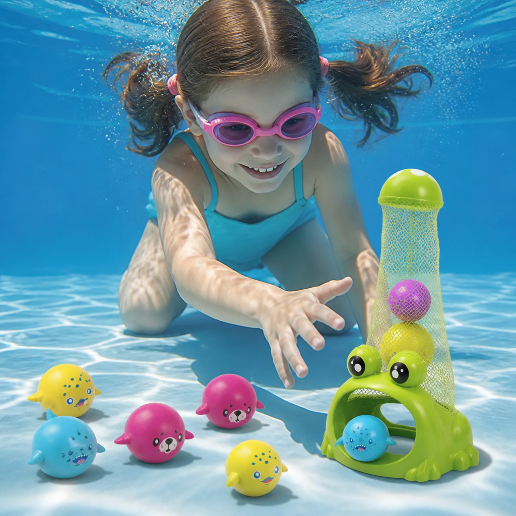 Frog Diving Pool Toy with Catch Net and Sea Animal Balls