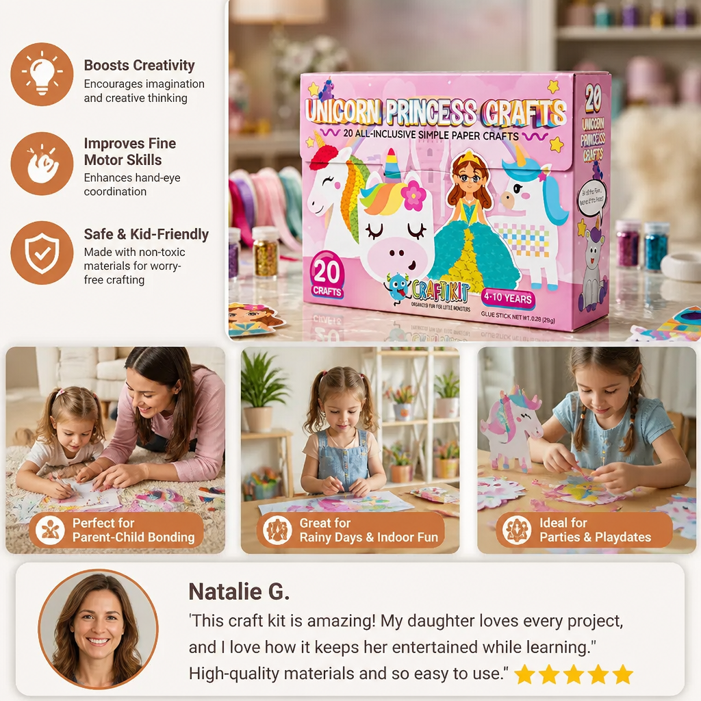 Kids Paper Crafts Box – 20 Easy DIY Arts & Crafts Projects for Ages 3–10 with Glue Stick, Tape & Envelopes