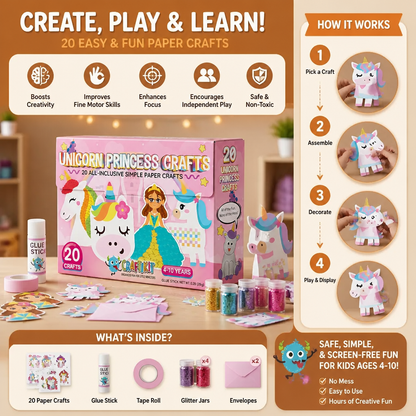 Kids Paper Crafts Box – 20 Easy DIY Arts & Crafts Projects for Ages 3–10 with Glue Stick, Tape & Envelopes