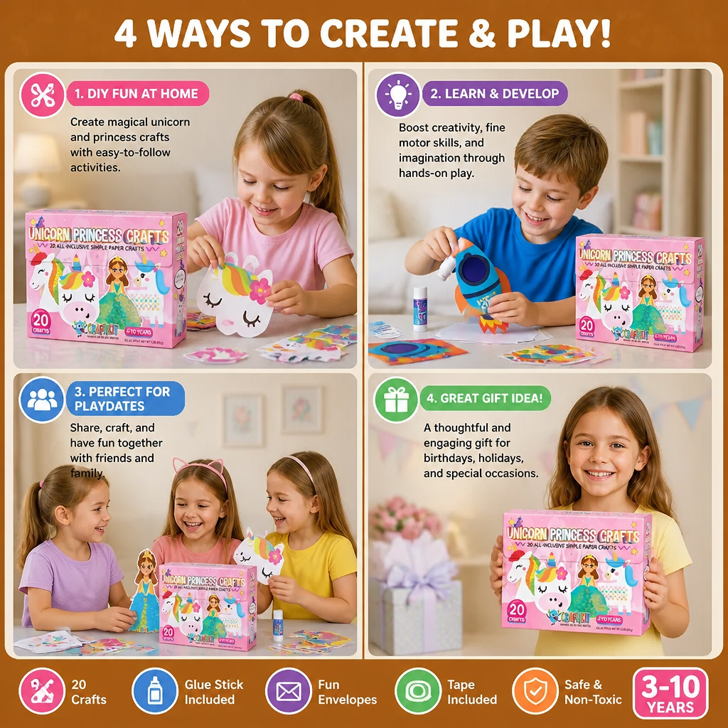 Kids Paper Crafts Box – 20 Easy DIY Arts & Crafts Projects for Ages 3–10 with Glue Stick, Tape & Envelopes