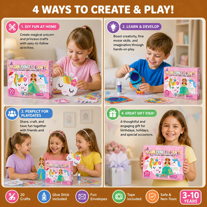Kids Paper Crafts Box – 20 Easy DIY Arts & Crafts Projects for Ages 3–10 with Glue Stick, Tape & Envelopes