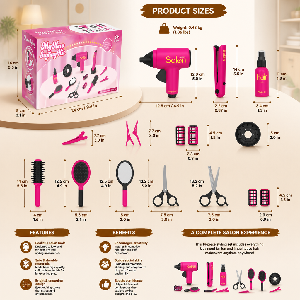 14-Piece Kids Hair Styling Salon Pretend Play Set
