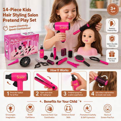 14-Piece Kids Hair Styling Salon Pretend Play Set