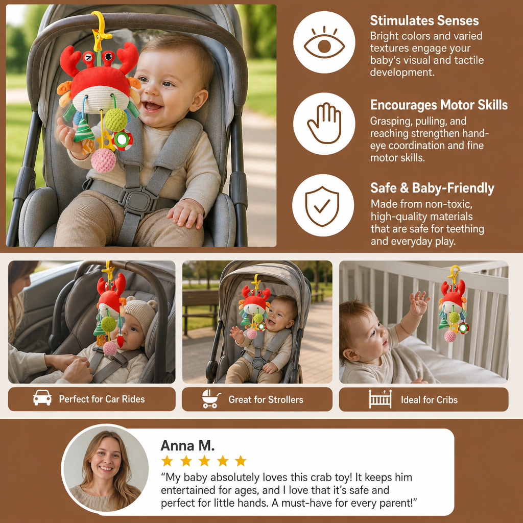 Crab Activity Toy with Pull Cord, Rattle & Teether for Babies