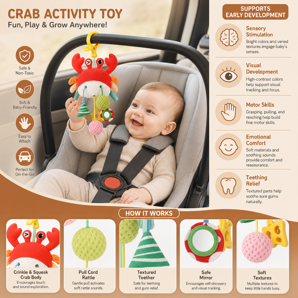 Crab Activity Toy with Pull Cord, Rattle & Teether for Babies