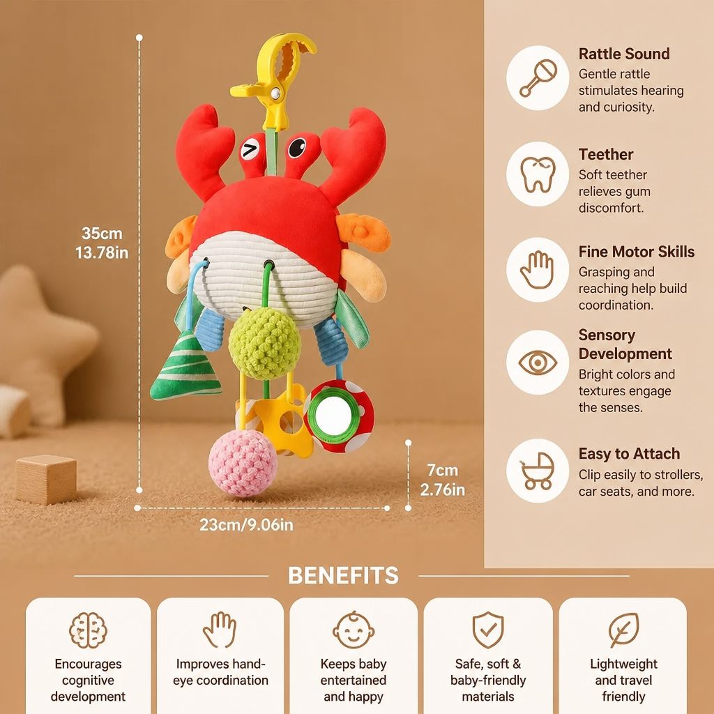 Crab Activity Toy with Pull Cord, Rattle & Teether for Babies
