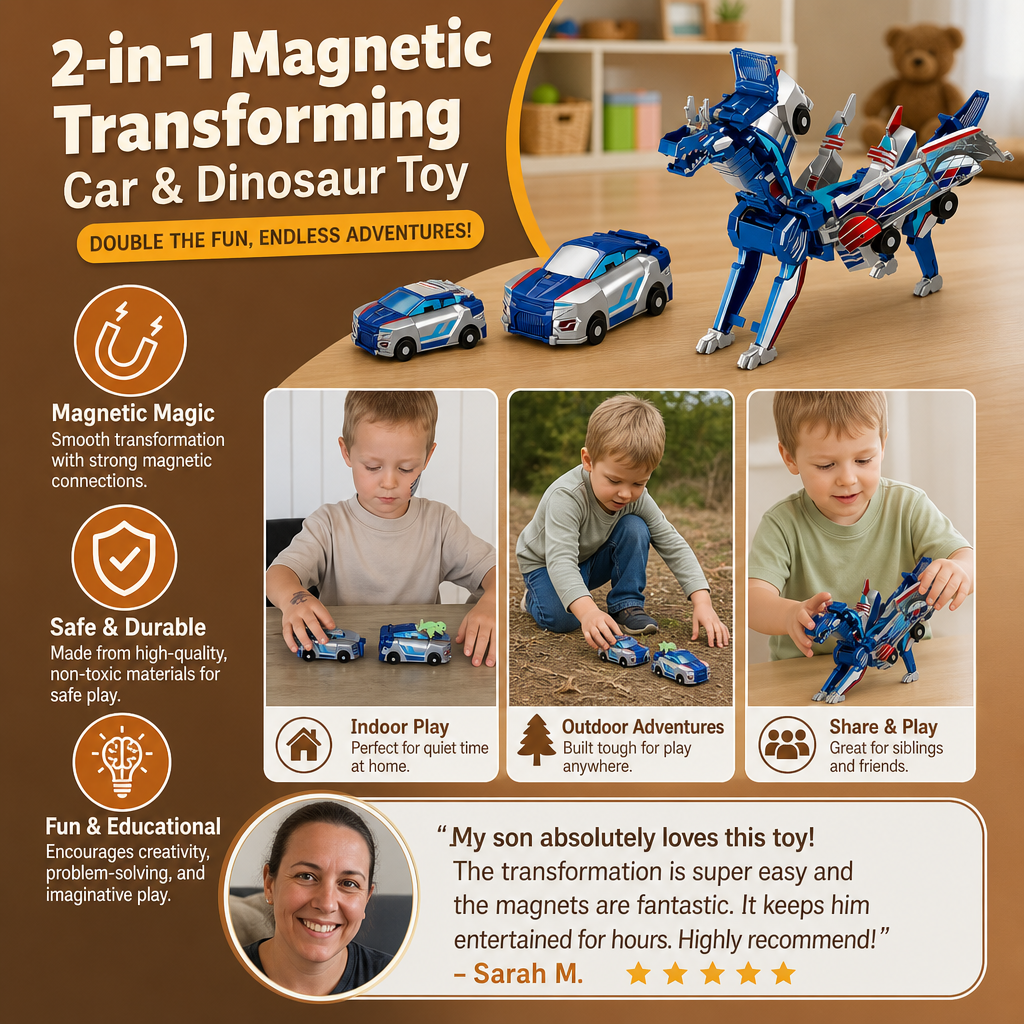 2-in-1 Magnetic Transforming Car & Dinosaur Toy with Automatic Collision Action