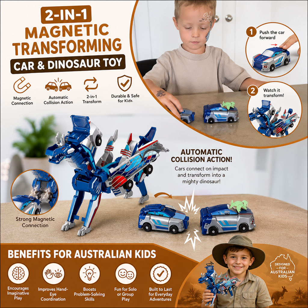 2-in-1 Magnetic Transforming Car & Dinosaur Toy with Automatic Collision Action
