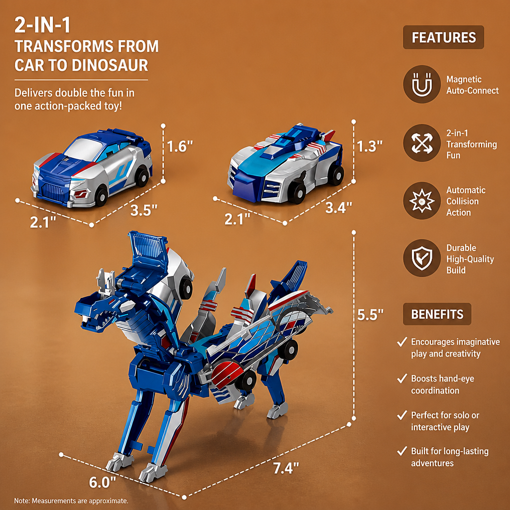 2-in-1 Magnetic Transforming Car & Dinosaur Toy with Automatic Collision Action