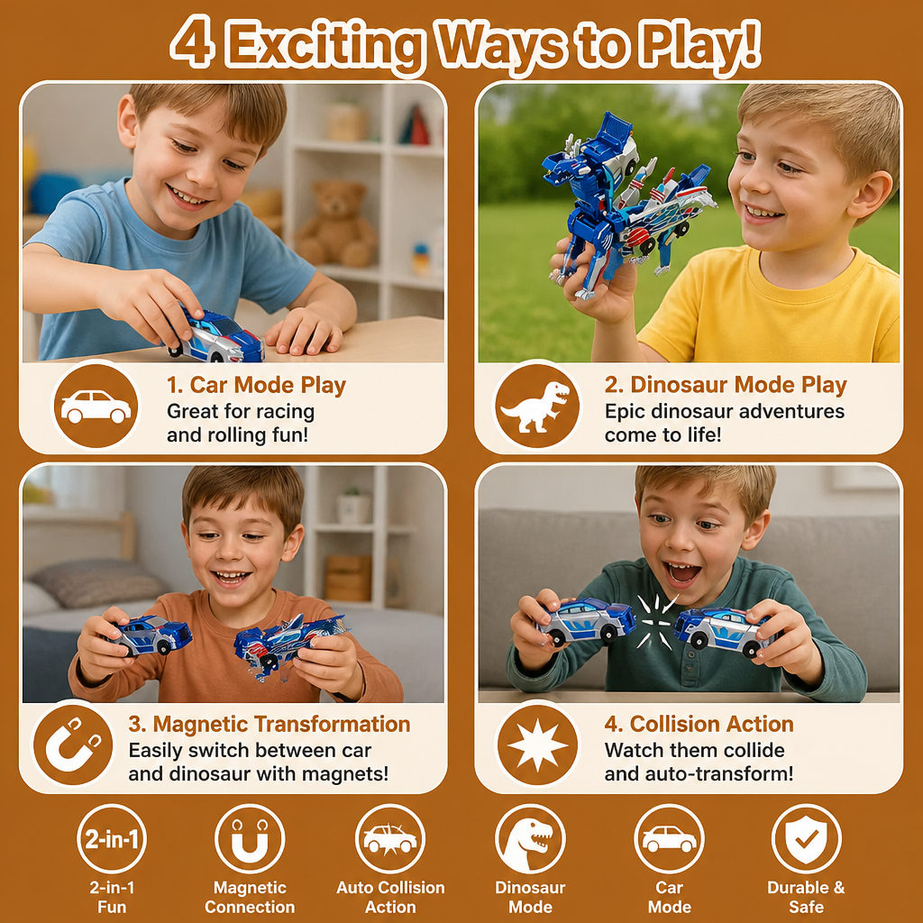 2-in-1 Magnetic Transforming Car & Dinosaur Toy with Automatic Collision Action