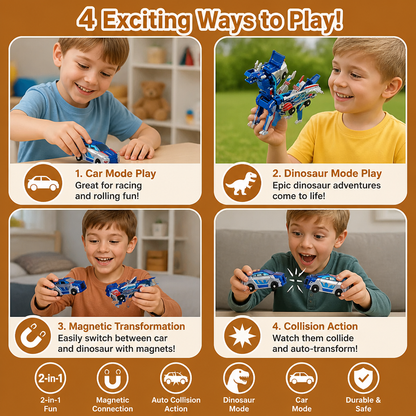 2-in-1 Magnetic Transforming Car & Dinosaur Toy with Automatic Collision Action