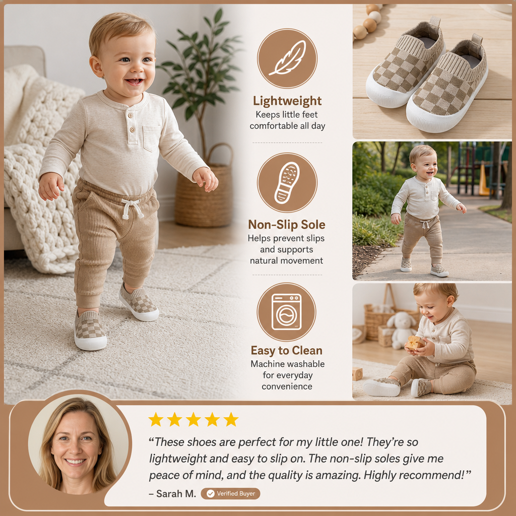 Checkered Lightweight Baby Walking Shoes with Soft, Non-Slip Soles