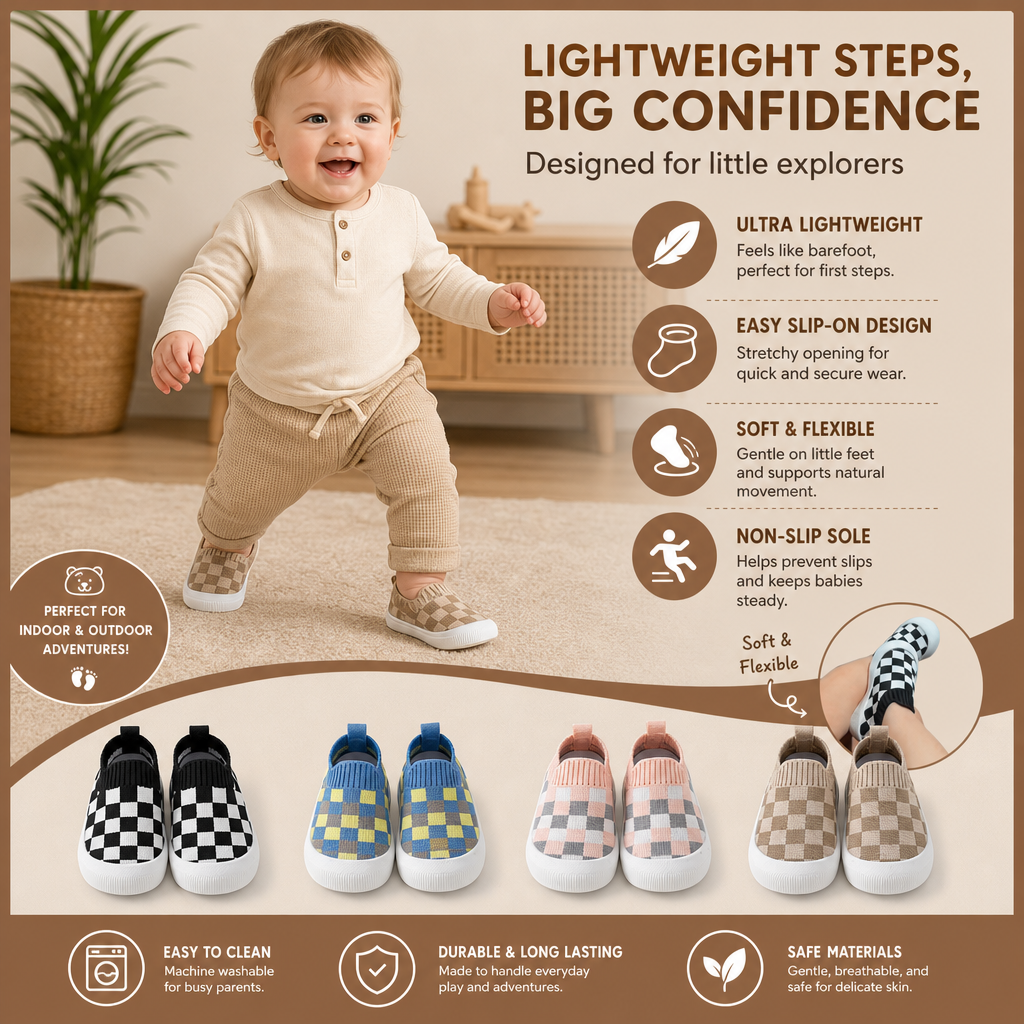 Checkered Lightweight Baby Walking Shoes with Soft, Non-Slip Soles