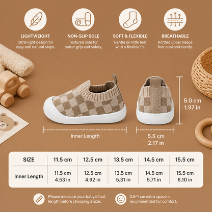Checkered Lightweight Baby Walking Shoes with Soft, Non-Slip Soles
