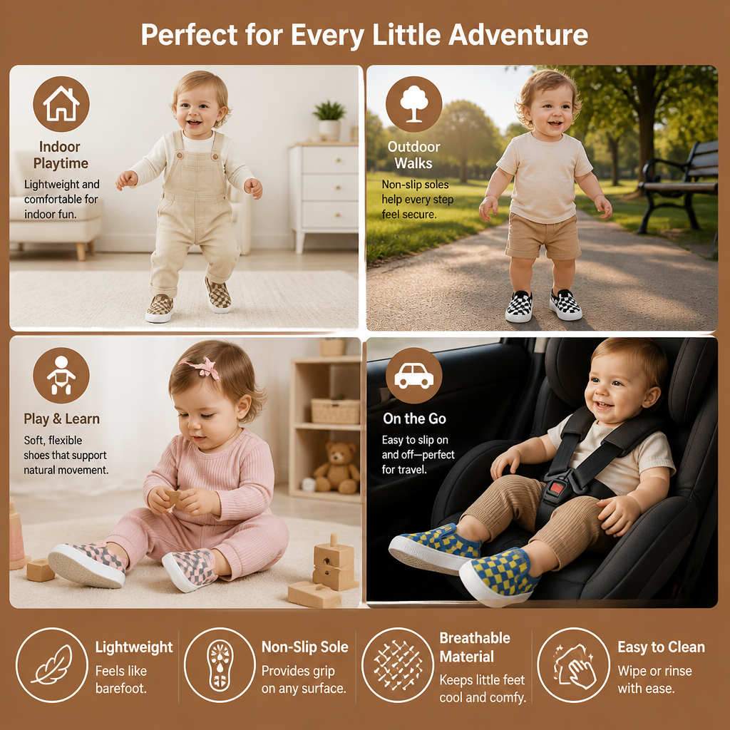 Checkered Lightweight Baby Walking Shoes with Soft, Non-Slip Soles