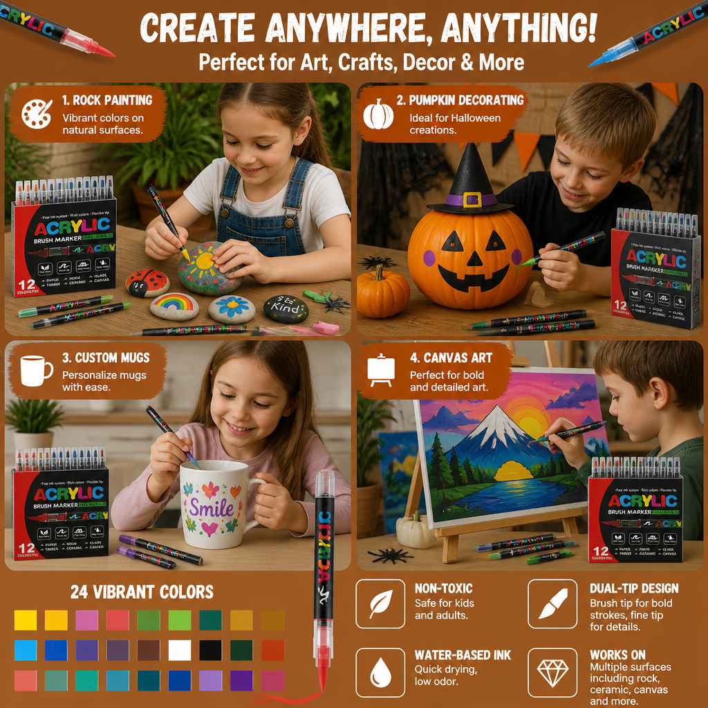 Dual-Tip Acrylic Paint Marker Set with Fine & Brush Tips