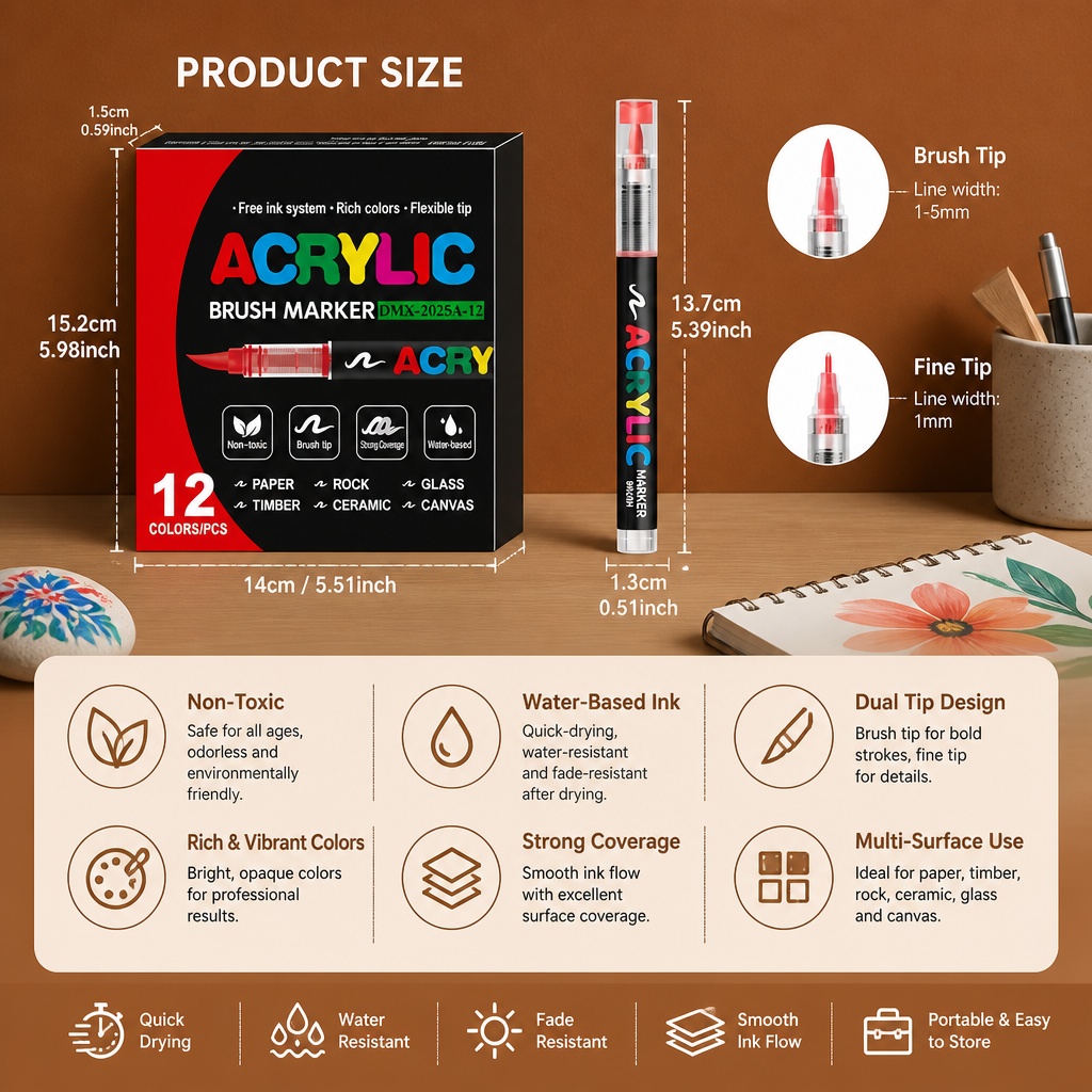 Dual-Tip Acrylic Paint Marker Set with Fine & Brush Tips