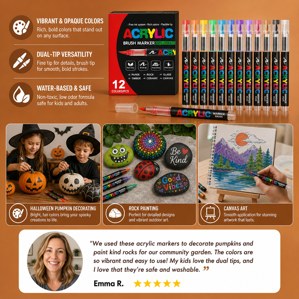 Dual-Tip Acrylic Paint Marker Set with Fine & Brush Tips