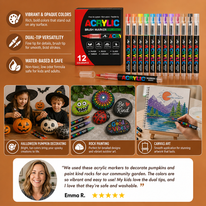 Dual-Tip Acrylic Paint Marker Set with Fine & Brush Tips