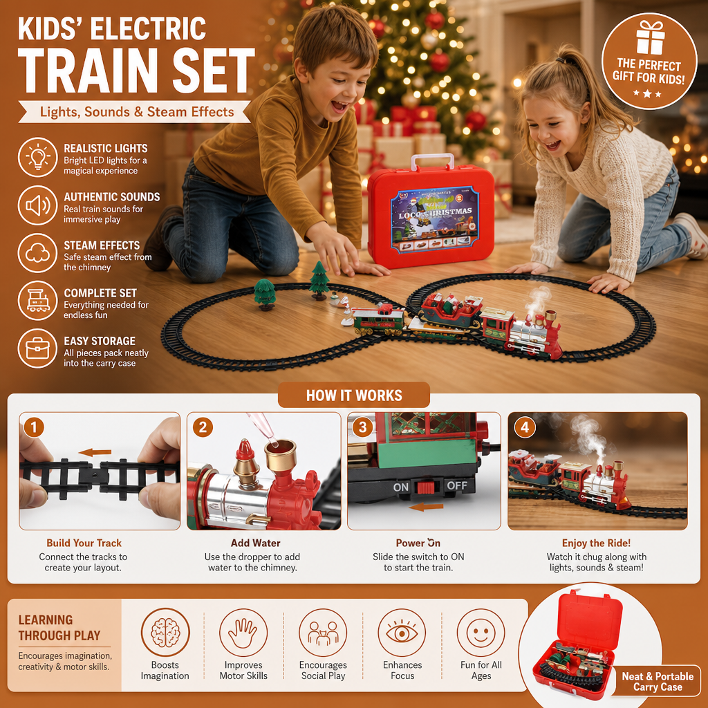 Kids’ Electric Train Set with Lights, Sounds & Steam Effects