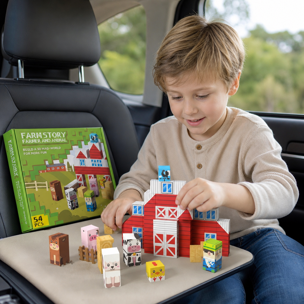 Farm Story Magnetic Building Blocks Travel Playset with Animals & Barn