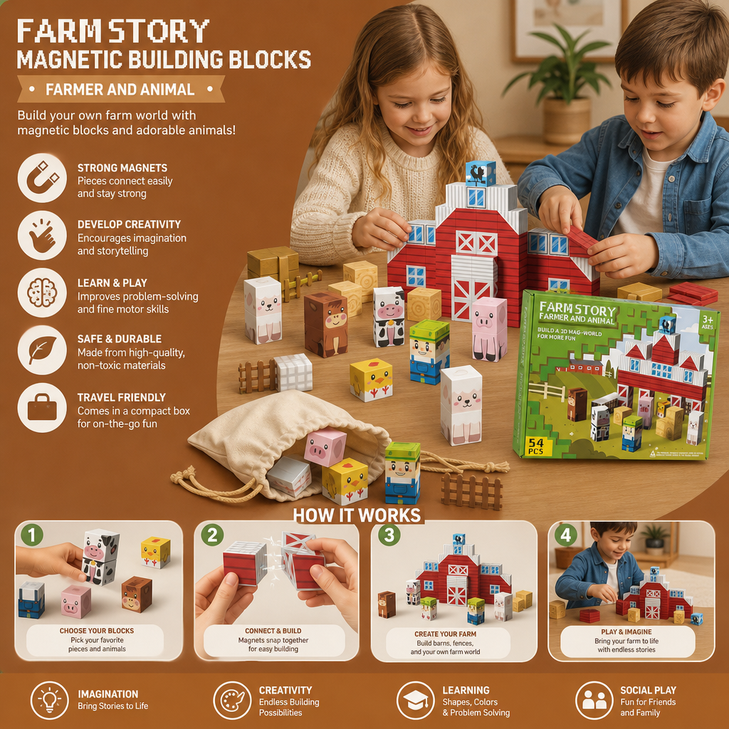 Farm Story Magnetic Building Blocks Travel Playset with Animals & Barn