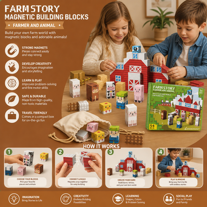 Farm Story Magnetic Building Blocks Travel Playset with Animals & Barn