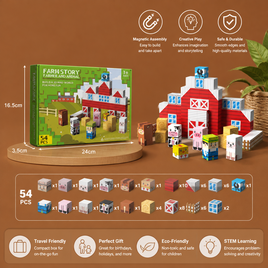 Farm Story Magnetic Building Blocks Travel Playset with Animals & Barn